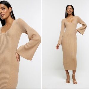 River Island Tan Ribbed Maxi Dress with Bell Sleeves